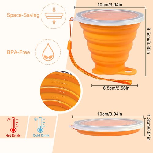 Meanhoo 4-Pack Collapsible Silicone Cups with Lids, 9.22oz Portable Travel Drinking Cup with Stainless Steel Rim, 0.59" Thin Foldable Design for Theme Parks, Hiking, and Daily Use