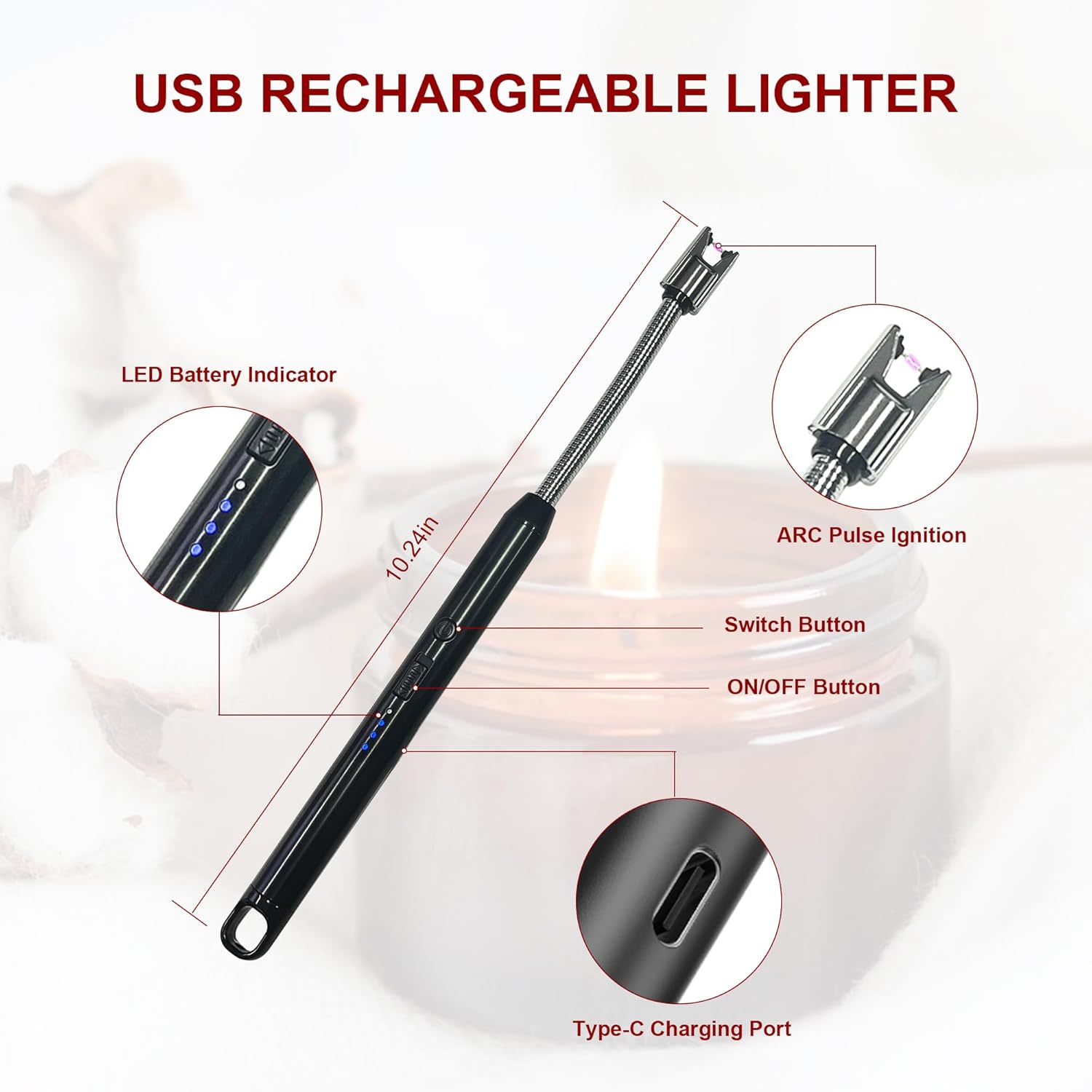 Skiennix Electric Candle Lighter - Rechargeable 360° Flexible Neck Plasma Lighter | 2-Pack (Black)