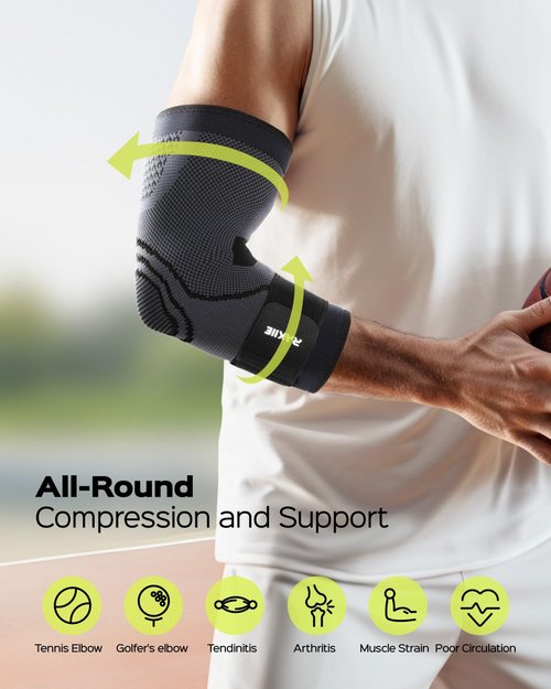 Rakiie Elbow Compression Sleeve 2 Pack, Elbow Brace for Tendonitis and Tennis Elbow, Pain Relief Brace for Men & Women,Sleeve Reduce Joint Pain for Tennis, Golfer, Workouts, Black (XL)