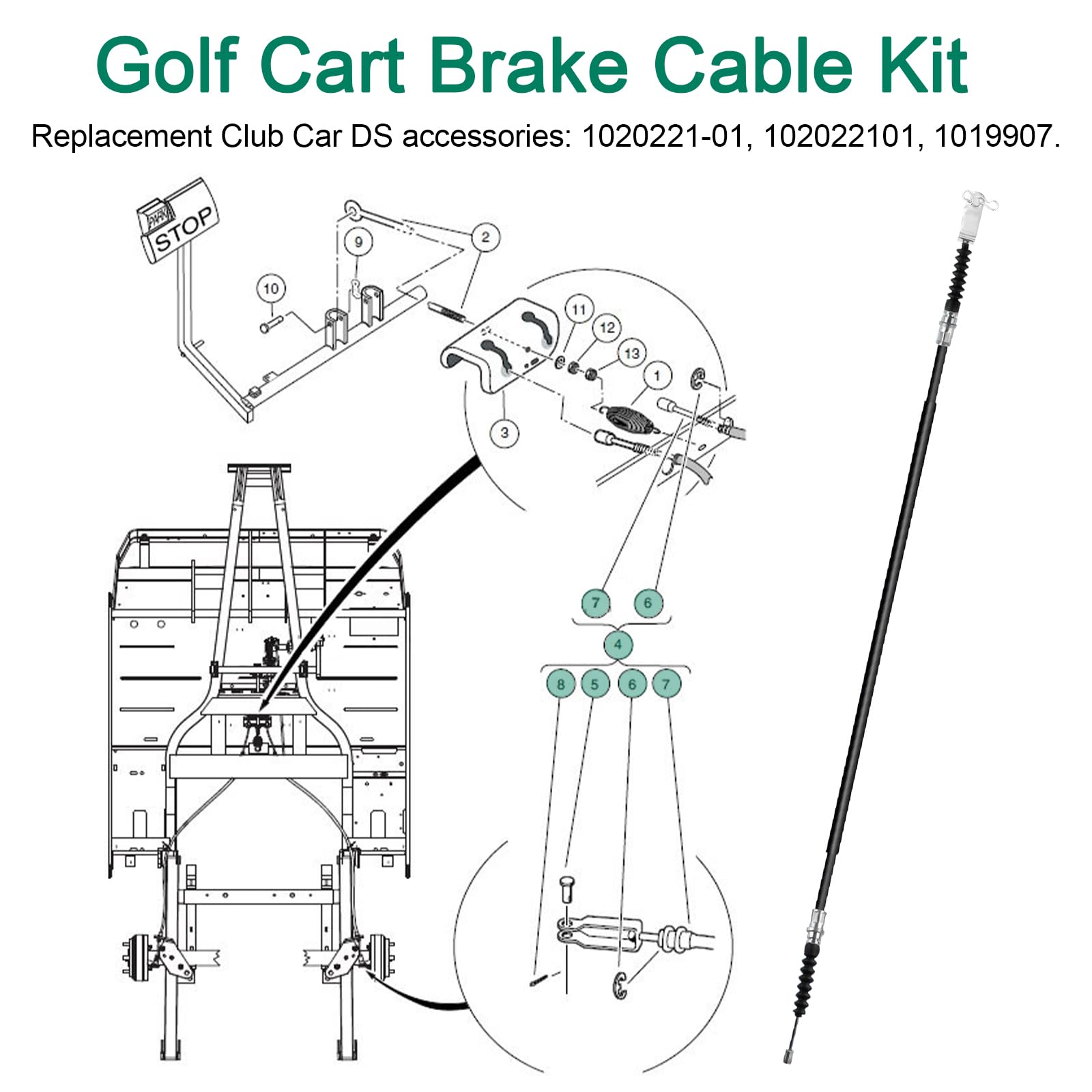 RO6G Replacement Club Car Ds Brake Cable 102022101 1020221-01 1019907 for 2000-Up Club Car Golf Cart Cable Stainless Steel Core Driver & Passenger Side Cables