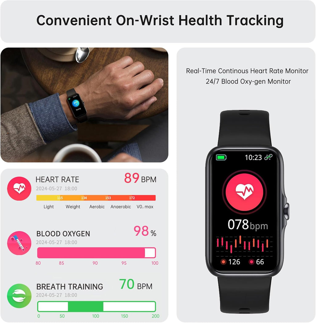 Sunorshop Health Fitness Tracker, Smart Watch with 24/7 Heart Rate and Blood Oxygen Monitor, Sleep Tracker with IP68 Waterproof, Activity Tracker Pedometer Step Counter for Women Men (Black)