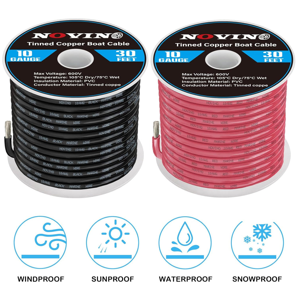 10 Gauge Marine Wire - 10 AWG Tinned Copper Electrical Cable for Boats | 30FT Red & 30FT Black