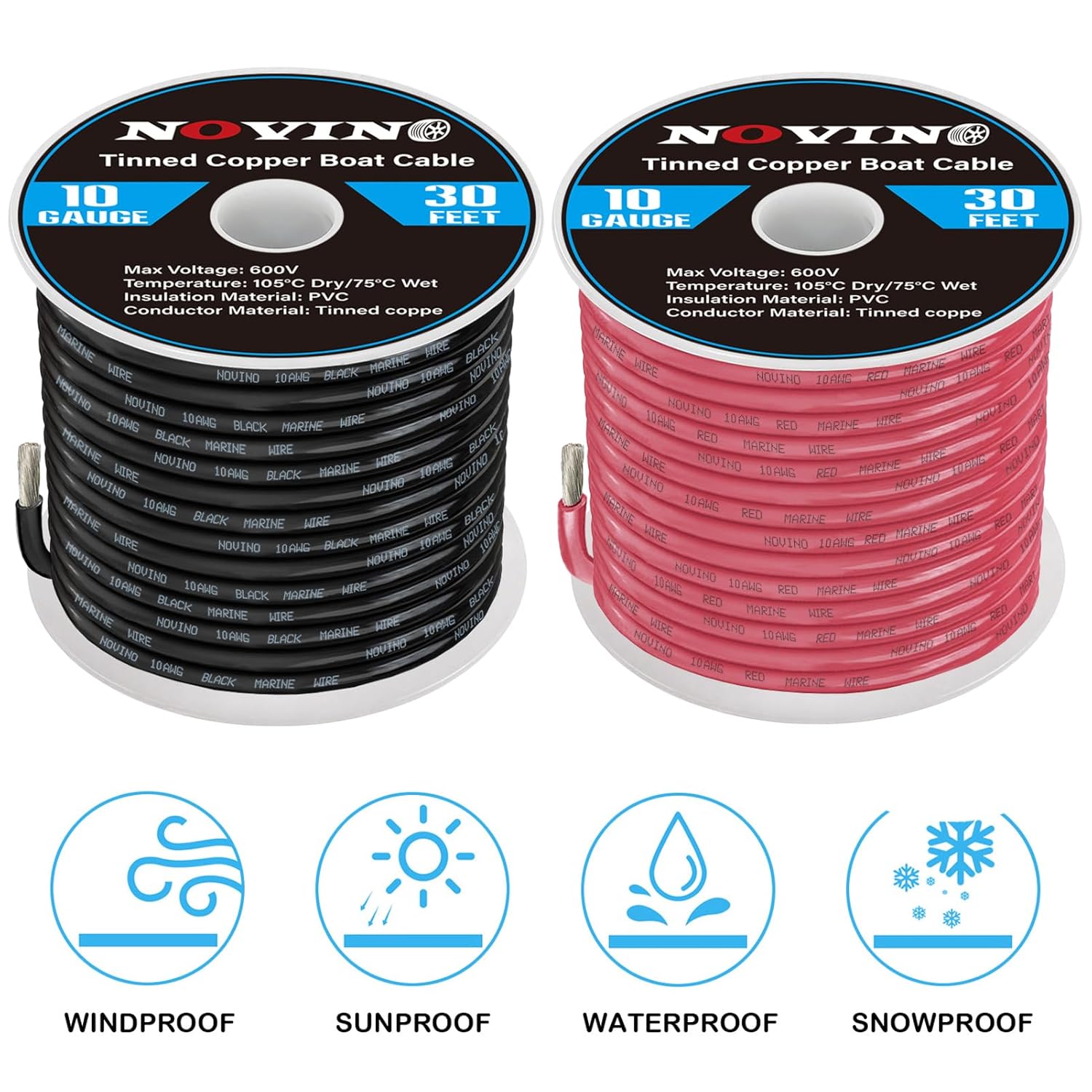 10 Gauge Marine Wire - 10 AWG Tinned Copper Electrical Cable for Boats | 30FT Red & 30FT Black