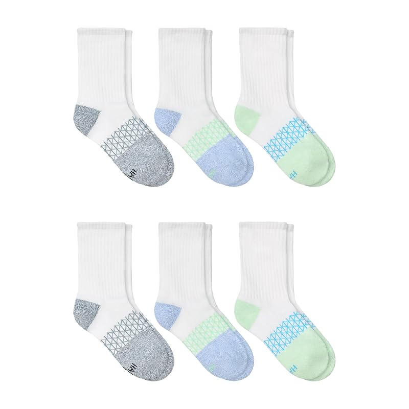 Hanes Absolute Active Cushioned Ankle Socks for Girls — White/Green, 6 Pairs, Crew (Large)