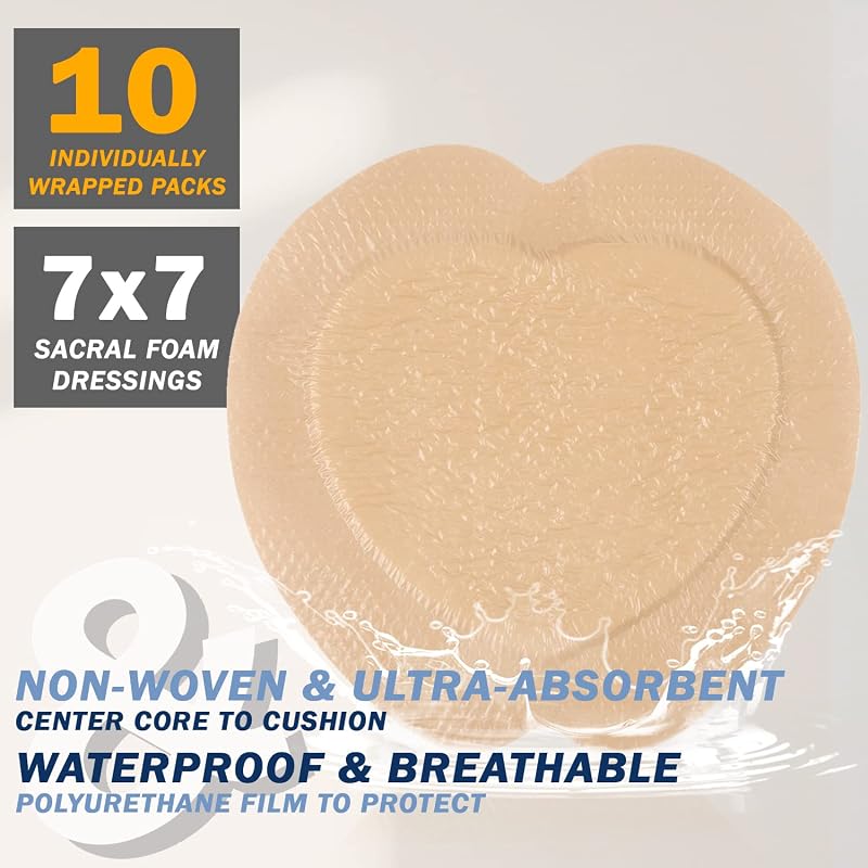 Everlit Sacrum Foam Dressing 7" x 7" | Highly Absorbent Waterproof Adhesive Bandage, 10 Pack