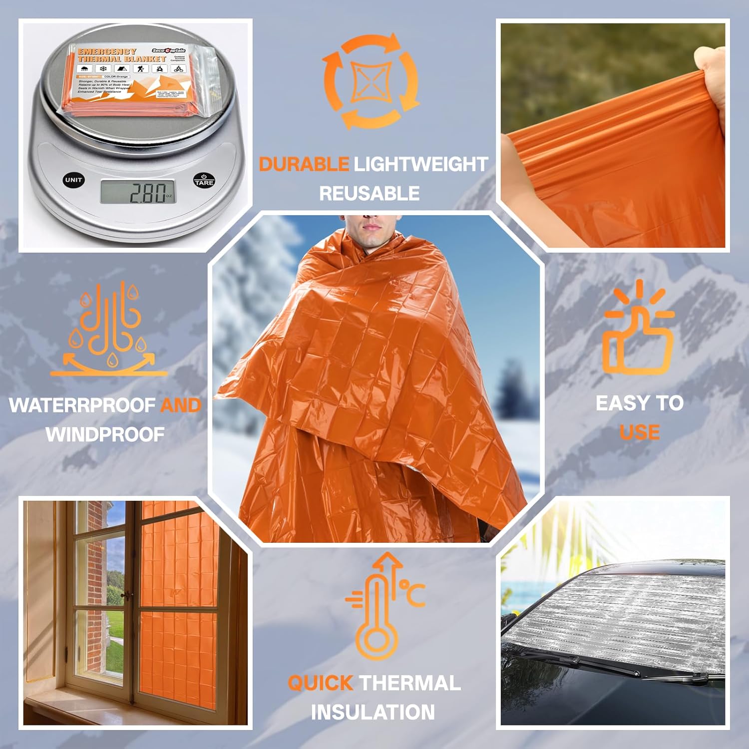 SecuCaptain Emergency Thermal Blankets - Thick 28um Mylar Kit for Cold Weather Camping | 4 Pack Orange