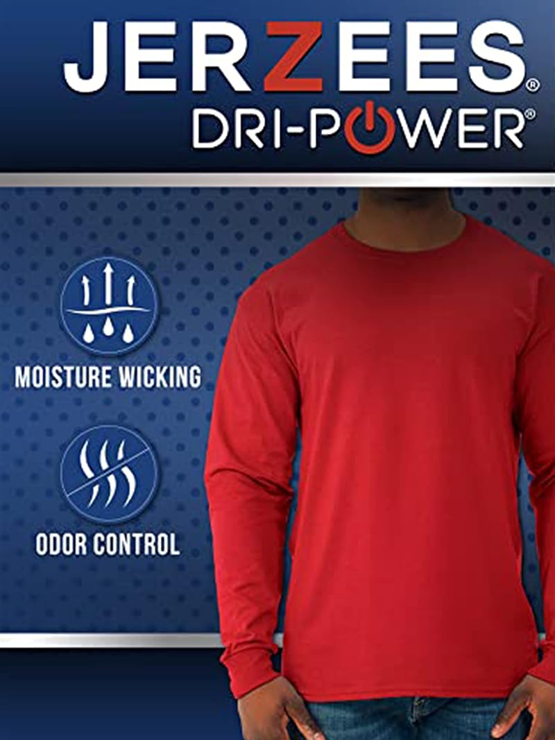 Jerzees Dri-Power Long Sleeve Cotton Blend T-Shirt - Moisture Wicking, Odor Protection, UPF 30+, True Red, Medium