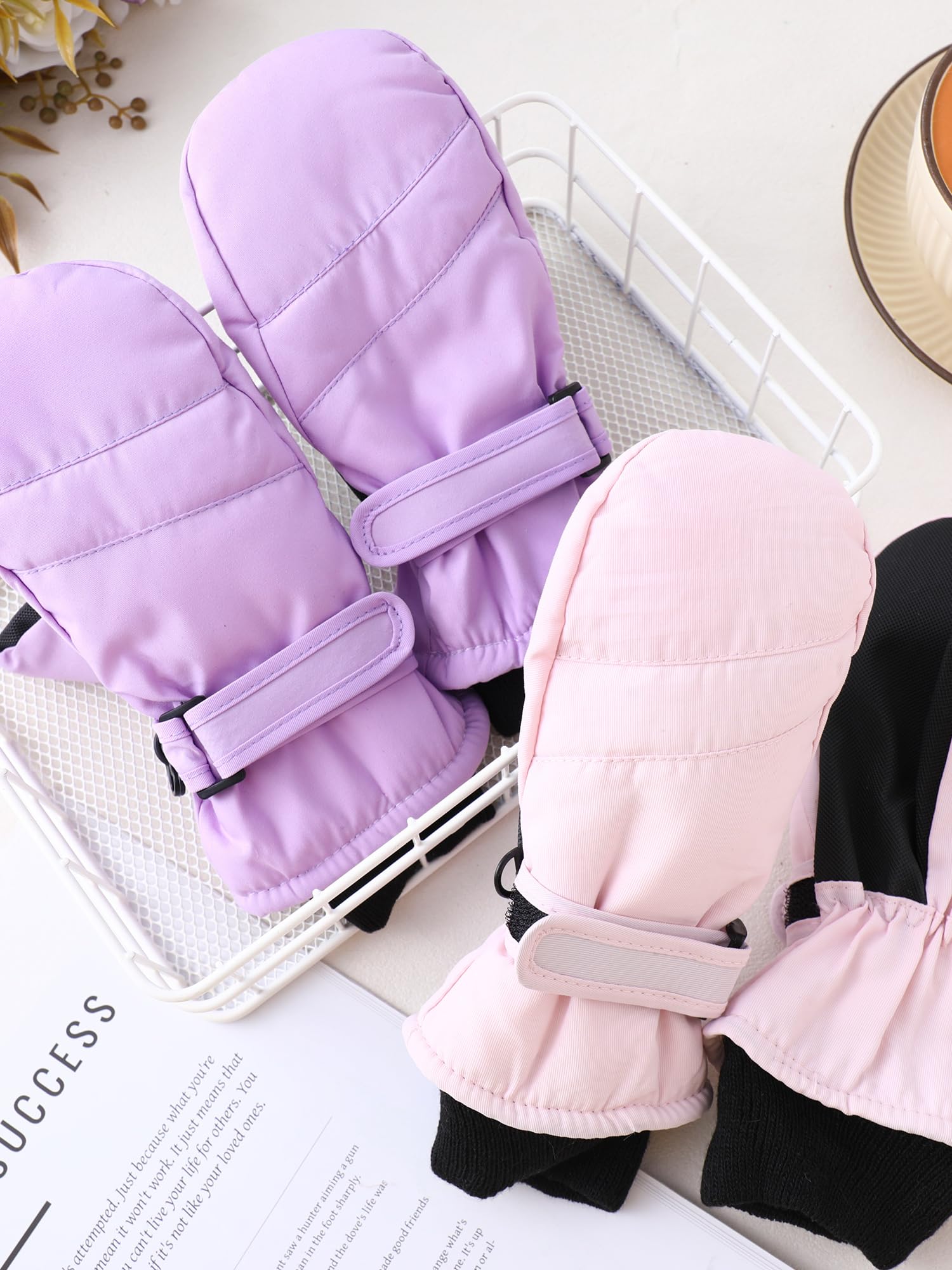 SATINIOR 2 Pairs Kids Snow Mittens Waterproof Winter Ski Gloves Warm Thicken Snow Gloves for Girls Boys (5-8 Years,Light Pink,Light Purple,2 Pairs)