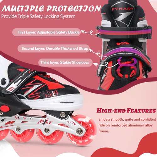 LEJIJIT Adjustable Kids Inline Skates for Girls Boys Children Beginners, Black & Red Inline Skates with Light Up Wheels for Kids and Youth for Indoor Outdoor Sports (Large)