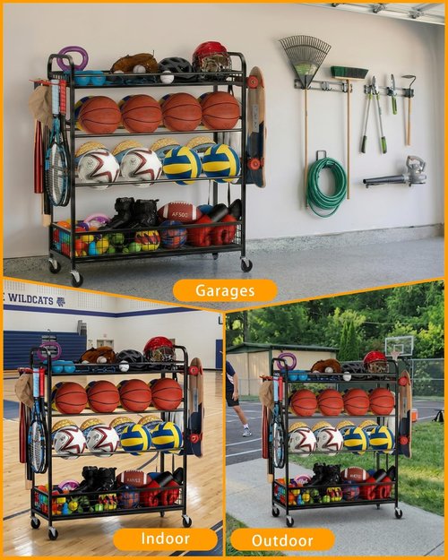 EXTCCT Garage Sports Equipment Organizer - Rolling Ball Storage Bin with Wheels | Basketball & Baseball Gear Rack