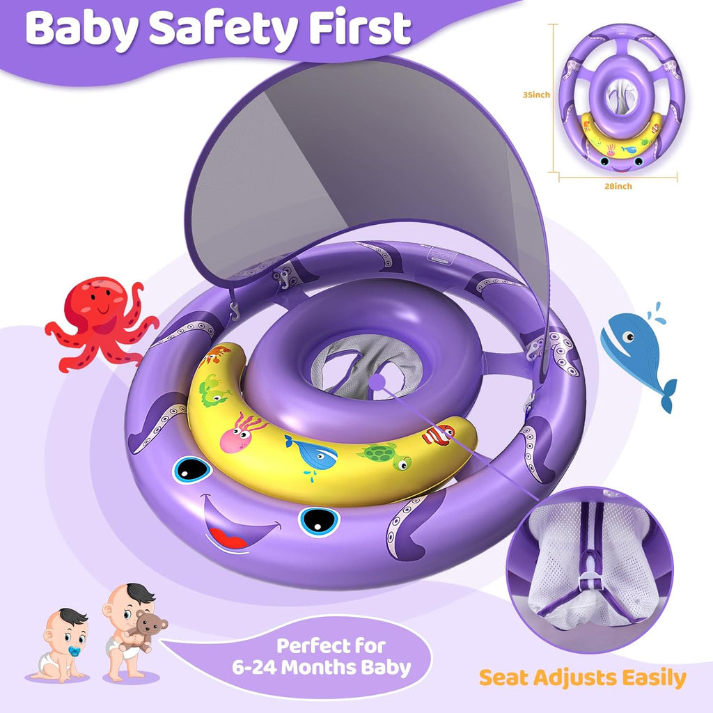 Skiennix Baby Pool Float - Removable UPF50+ Sun Protection Canopy | Extra Wide Octopus Design for 6-24 Months