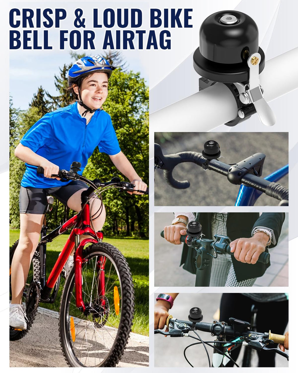 VICTGOAL Bike Bell for Airtag Bike Mount Hidden Holder Anti-Theft Tracker Case Ring Bicycle Bell for Handlebars Adult Mountain Road Bikes (Black)
