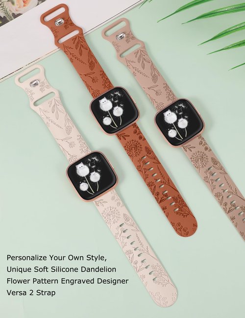 Minyee 3 Packs Floral Engraved Band Compatible with Fitbit Versa 2 Band/Versa Lite/Versa Band Women, Cute Soft Silicone Dandelion Flower Pattern Sport Designer Fancy Summer Strap for Versa 2