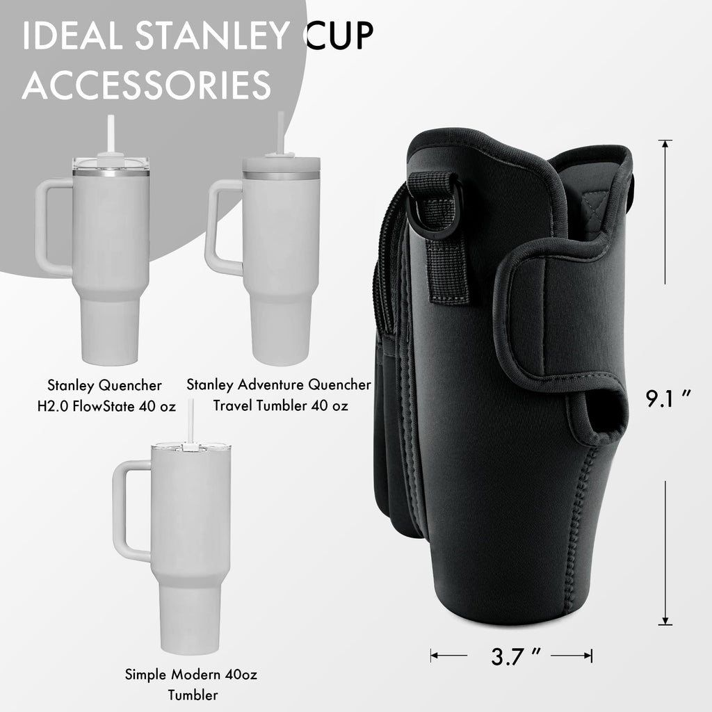 JEBEALUO Water Bottle Carrier Bag with Phone Pocket for Stanley Cup 40/30 oz, Water Bottle Holder with Adjustable Strap& Straw Cover, Stanley Cup Accessories (Black)