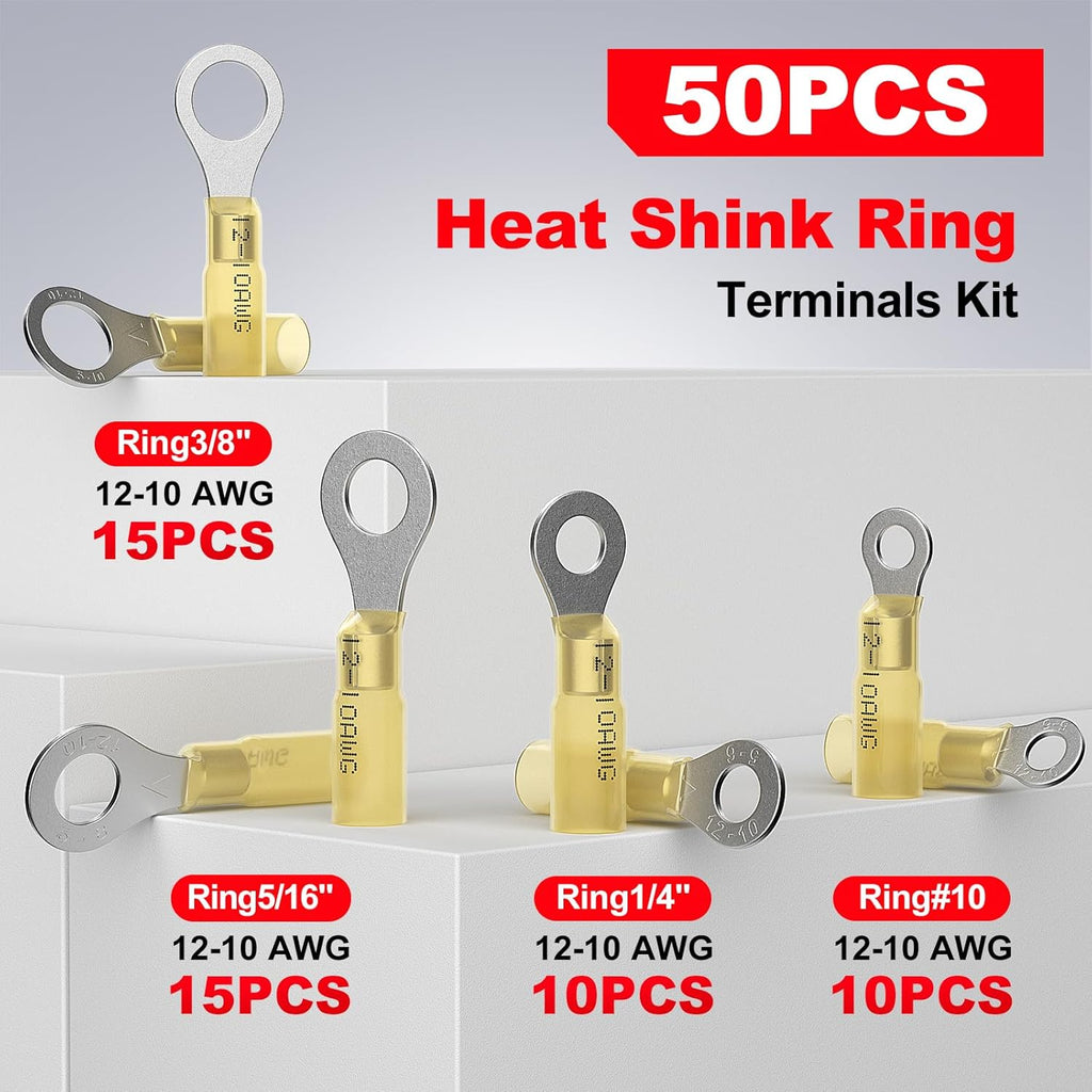 AIRIC Heat Shrink Ring Terminals Kit - Copper Battery Cable Lugs for 12/10 AWG Wires | 50 PCS, Yellow