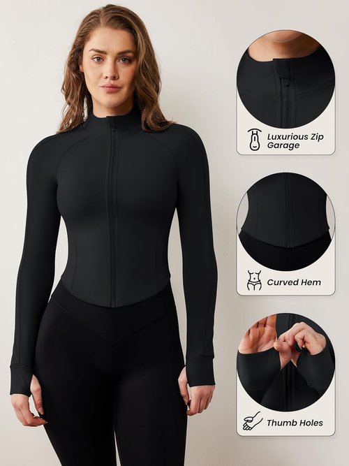 AVGO Women's Workout Jacket - Lightweight Zip-Up Cropped Yoga Top with Thumb Holes | Slim Fit Design