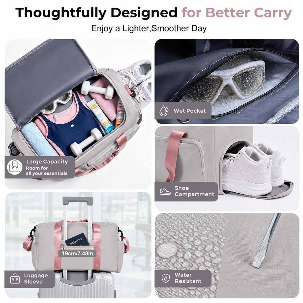 FIORETTO Women's Gym Duffle Bag with Shoes Compartment, 30L Capacity, Ideal for Travel, Gym, Sports, Duffel, Weekender, Grey & Pink