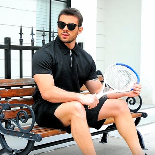 GYMELITE Men's 2 Piece Short Sets Outfits Summer Polo Shirts and Shorts Casual Zip Short Sleeve Fashion Shorts Tracksuit Set(BK XL)