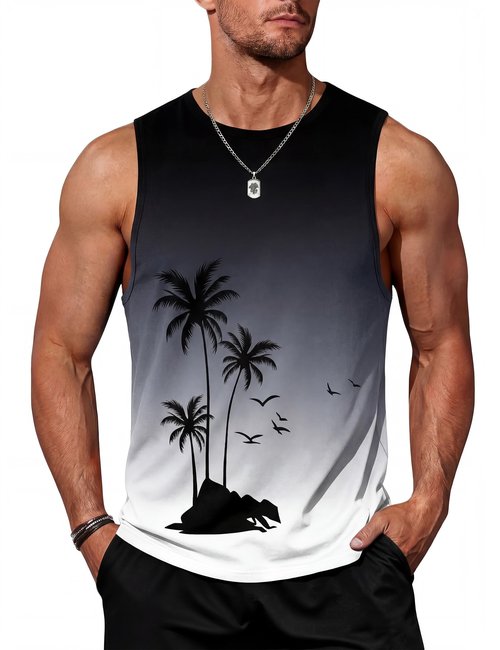 Tanihanp Men Tank Top Graphic Summer Gradient Casual Surfing Beach Tank Top Men Workout Running Swim Gym Mens Palm Tree Sleeveless Shirts XL