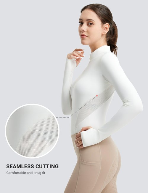 FitsT4 Sports Womens Equestrian Shirts Thumbholes Long Sleeve Horse Riding Shirts Quick Dry UPF50+ Riding Top Half Zip White XS