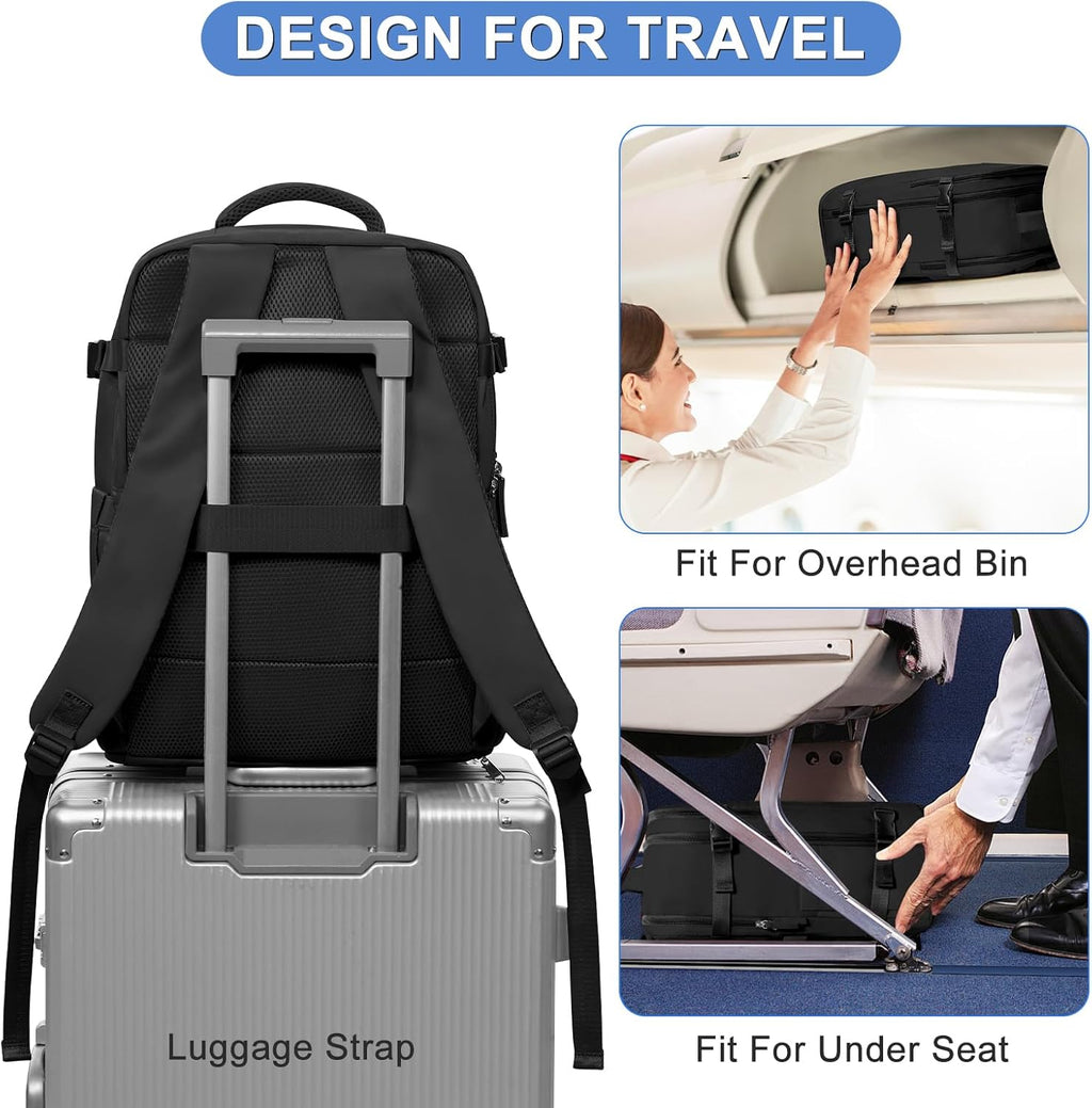 Skiennix Large Travel Backpack - Waterproof Airline Approved Carry-On for Women | Black Casual Daypack