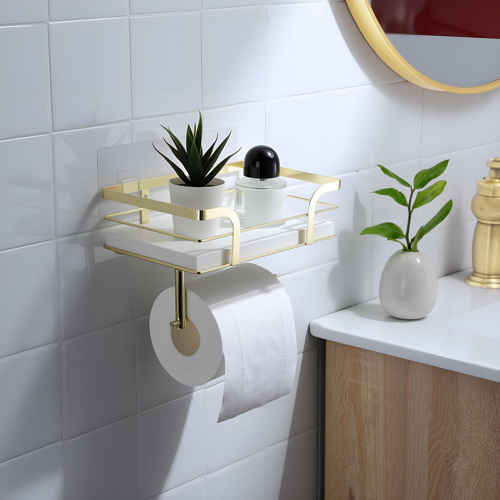 Skiennix Toilet Paper Holder - Modern Bathroom Decor with Shelf | Wall-Mounted, White Wooden Design