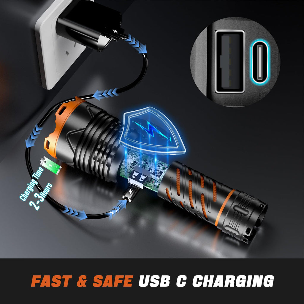 Super Bright Flashlight High Lumens 100000 Rechargeable, Powerful Strong 50W LED, Long Lasting 15 Hours, Quick USB C Charge, Improved Single Click Design 3-Mode, LCD Display & Output, for Hiking Home