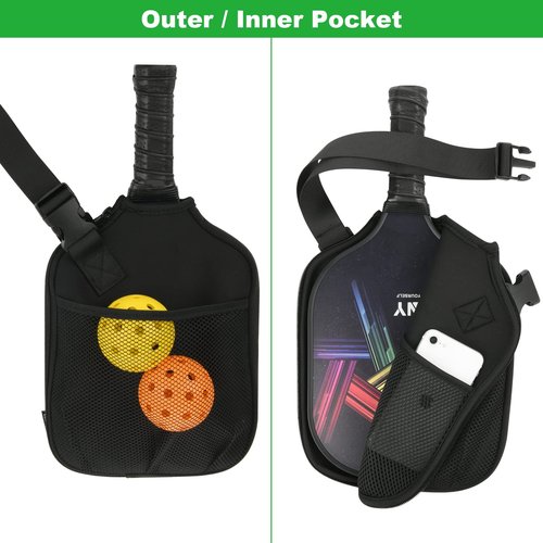 Cosmos 2 Pcs Neoprene Pickleball Paddle Cover Pickleball Racket Case Pickle Ball Sleeve - Pickleball Paddle Carry Bag with Ball Storage Accessories Pocket & Handle Strap (Black & Handle Stap)
