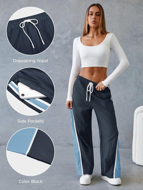 Fisoew Women's Baggy Wide Leg Track Pants Casual Drawstring Elastic Waisted Color Block Workout Y2K Active Pants Navy