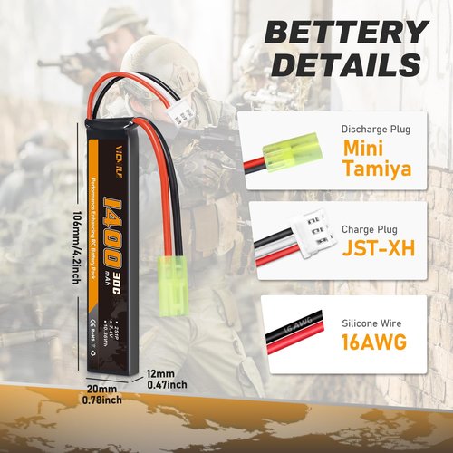 Airsoft 1400mAh 7.4V Lipo Battery - High Discharge Rate Rechargeable 2S with Tamiya Plug