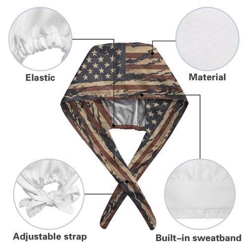 Babrukda 2 Pack Skull Hats for Women Men Scrub Cap with Sweatband Adjustable Tie Back Hats Head Hair Cover Coat American Flag Beanie with Knot Headgear for Outdoor Indoor