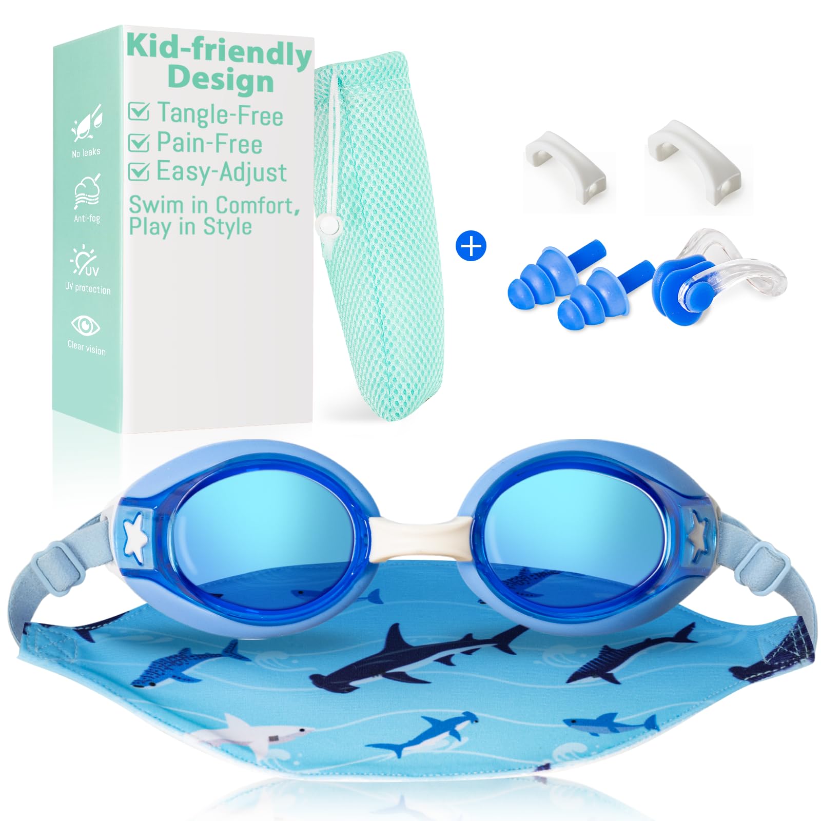 Pixel Panda Kids Swim Goggles with Fabric Strap for 3-12, Swim Pool Goggles for Boy Girls Toddler, No Hair Pulling, Blue-red