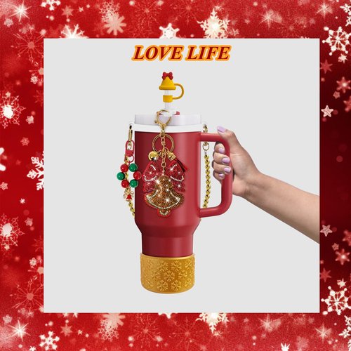 VirgoCCY Christmas Stanley Cup Accessories Set Including 0.4in Straw Covers, Water Bottle Handle Strap, Cute Christmas Charms and Silicone Boot for Stanley 40oz & 30oz Tumbler, Gold