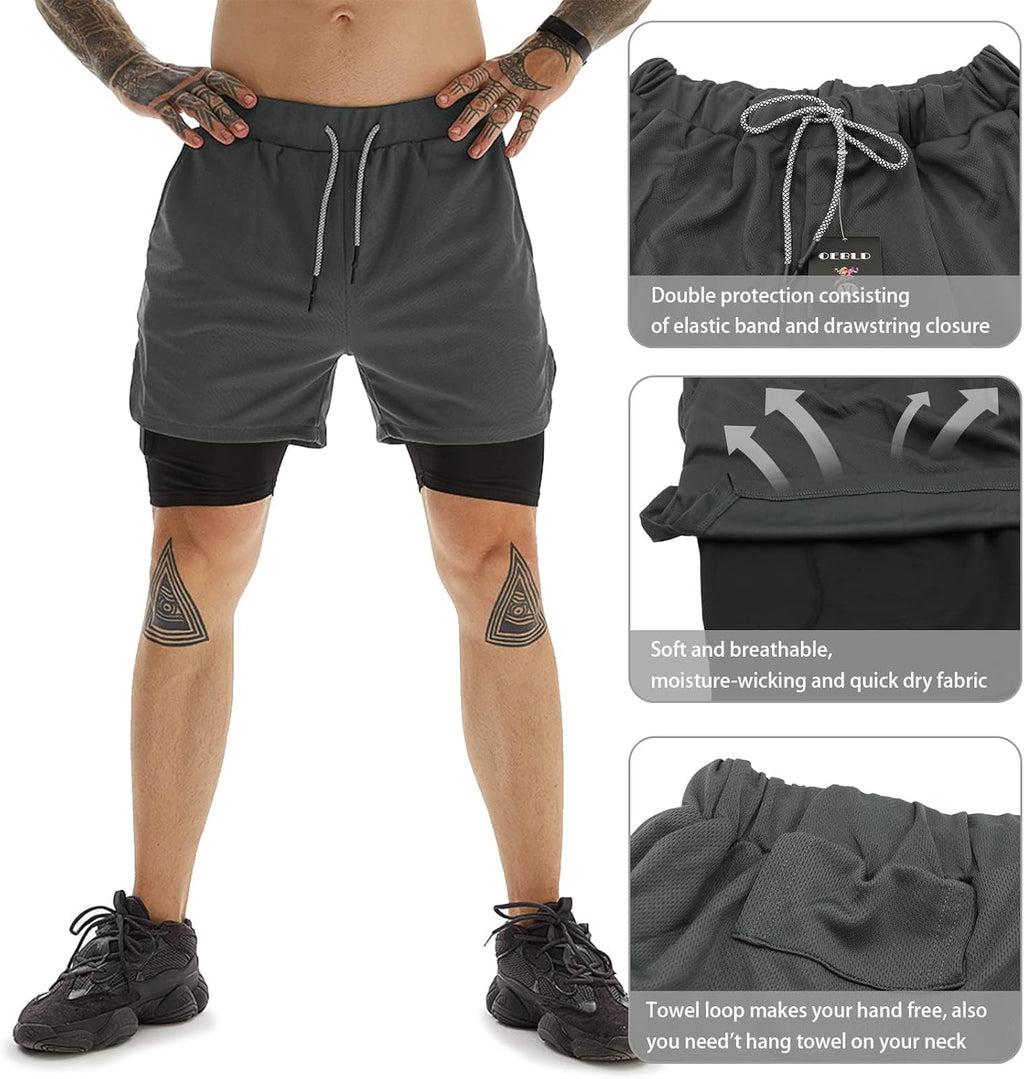 OEBLD Men's 2-in-1 Athletic Shorts - Comfortable Gym & Running Wear | 7'' with Towel Loop
