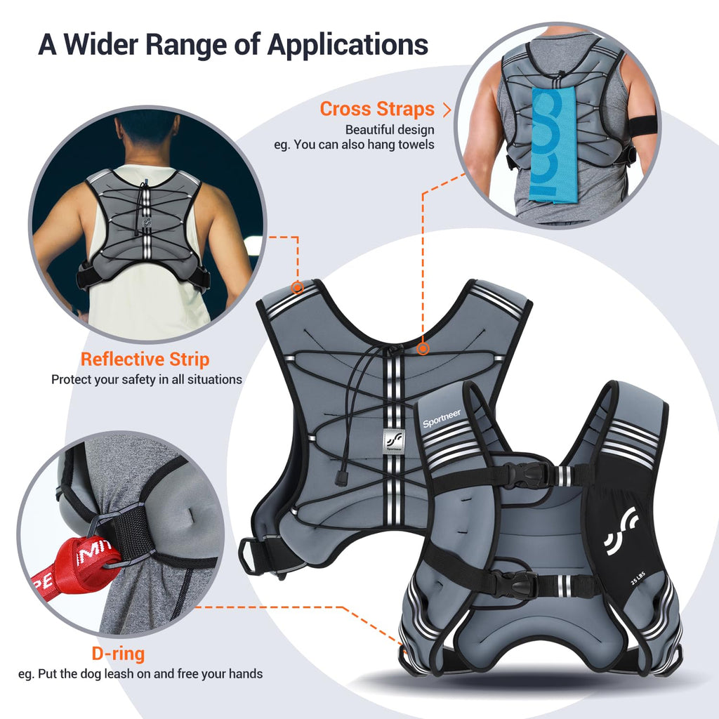 Sportneer Weighted Vest for Women Men: 25lb Comfortable Weight Vest with Storage Pocket Reflective Stripe Rucking Vest for Walking Running Strength Training Fitness Weight Loss Weightlifting Gray