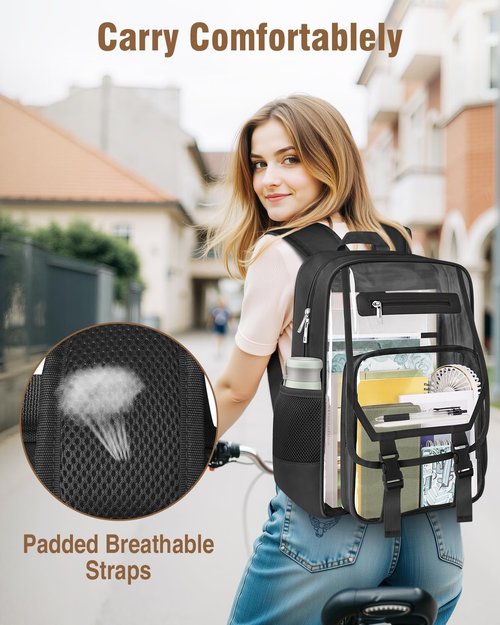 Soimeat Clear Backpack Heavy Duty, Fabric & PVC Transparent Bookbag, See Through Backpacks with Reinforced Strap for Women Men, Large Capacity Clear Backpack for College, Travel, Security, Black