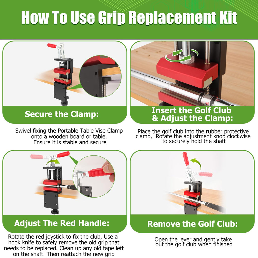 Poiyham Golf Club Regripping Kit, 2-in-1 No Drill Aluminum Golf Shaft Clamp, 360° Swivel Portable Table Vise, Golf Grip Kit for Regripping, Golf Repair Kit Removal Tool for Grip Replacement