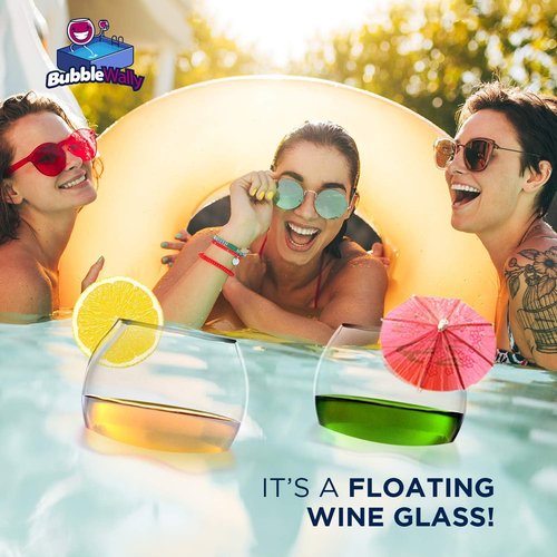 BubbleWally Floating Wine Glasses for Pool (18 Oz | Set of 2) - Pool Wine Glasses That Float | Shatterproof Floating Cup | Beach Glass | Outdoor Tritan Plastic with Stem