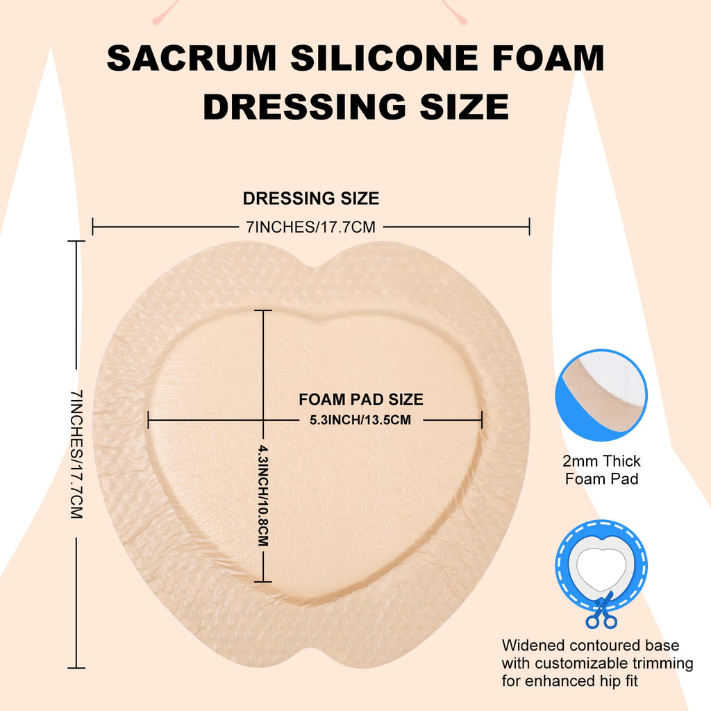 Sacral Foam Dressing, Sacrum Silicone Foam Dressing with Border, 7x7 Large Bandage for Bed Sores On Buttocks, Super Absorbent Pressure Sore Prevention Pads, Waterproof & Breathable Wound Dressing (10)