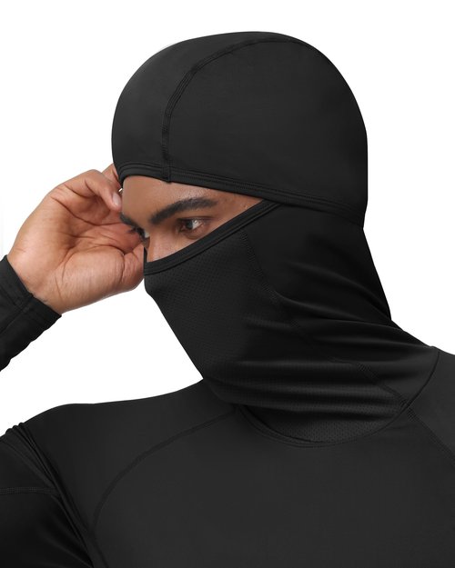 Roadbox Men's Compression Shirt Hoodie with Mask, Long Sleeve Workout Athletic Base Layer, Sports Gym Running Undershirt Top Black
