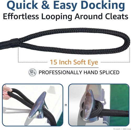 Boat Dock Lines - 3/4" x 20' Double Braided Nylon Ropes | Marine-Grade High Strength, Easy Handling - 2 Pack, Black