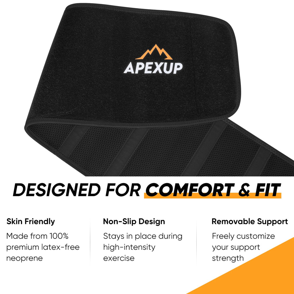 APEXUP Sweat Waist Trainer for Women and Men, Neoprene Waist Trimmer Belt Slimming Sweat Band with Removable Lumbar Support Bar for Workouts (Black, L)