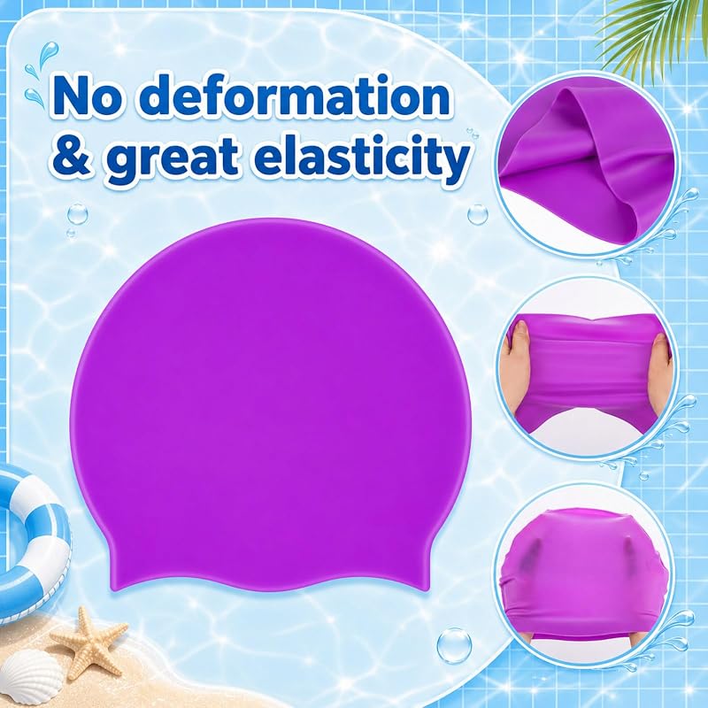 6-Piece Silicone Swim Cap Set - Unisex, 6 Solid Colors (Yellow, Orange, Red, Black, Navy, Purple)