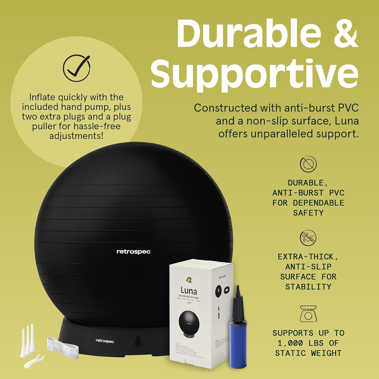 Retrospec Luna Exercise Ball - Anti-Burst Fitness Equipment for Yoga & Core Training | Home Gym & Office Use