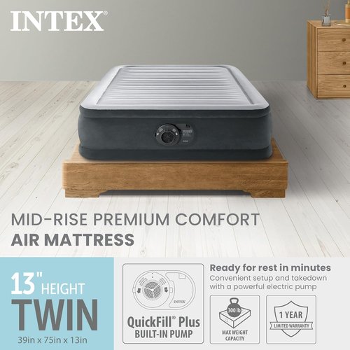 Intex Dura-Beam Deluxe Comfort-Plush Twin Air Mattress - Fiber-Tech, Built-in Electric Pump, 13" Height, 300lb Capacity