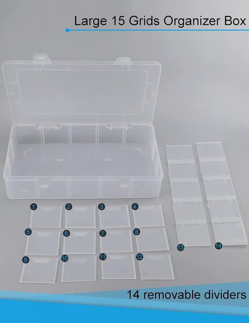 Hlotmeky Plastic Organizer Box - Clear Bead Organizer with 15 Large Grids for Snacks & Crafts