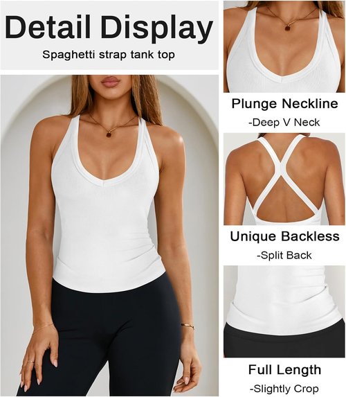 Hragc Women's Halter Top - Racerback Workout Tank with Plunge V-Neck & Split-Back Design | Fitted Ribbed Shirt