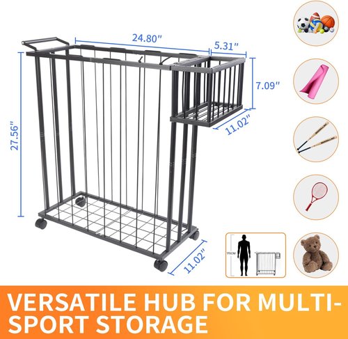 Multi-Sport Ball Storage Cart by [Brand Name] - Rolling Organizer with Side Basket for Gloves & Tennis - Ideal for Basketball, Soccer & Yoga Mats