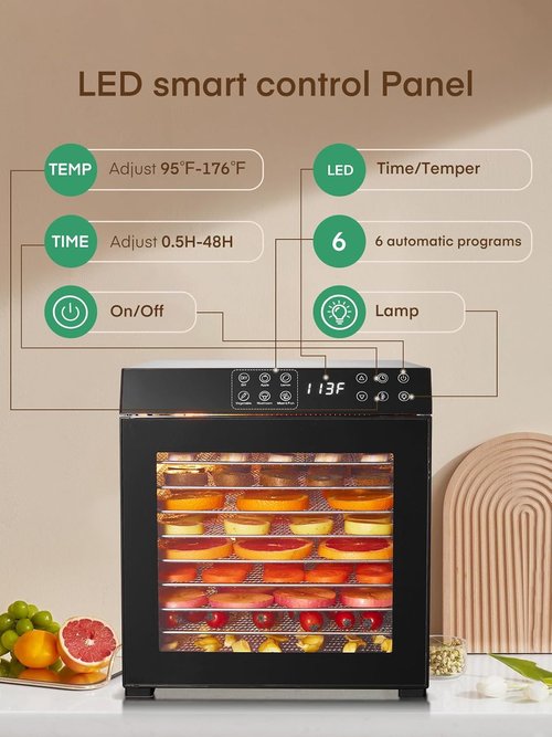 FOHERE Food Dehydrator - 1000W with 10 Trays & 9.04ft² Drying Space | Digital Timer & Temperature Control