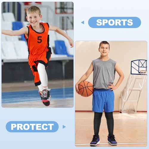 Cptoion 4 Pairs Kids Long Compression Leg Sleeves - Non Slip UV Protection Full Length Sleeves for Boys & Girls (Black, White, Blue, Grey)